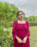 MAROON PLEATED BACK KNOT DRESS