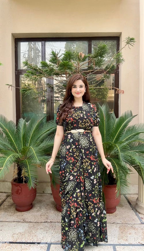 FLORAL PRE - DRAPED - SAREE GOWN