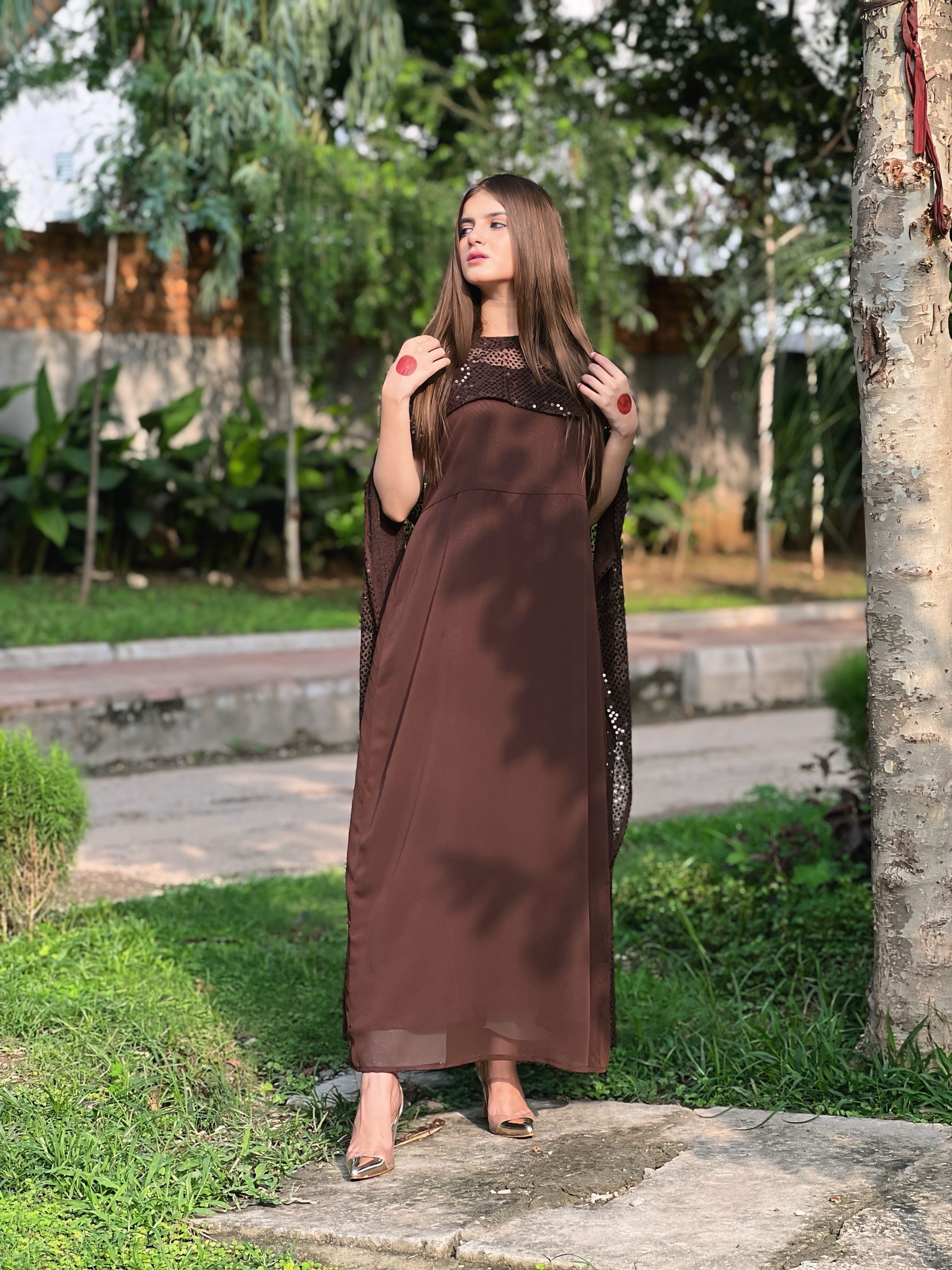 BROWN SEQUINS CAPE SHAWL DRESS