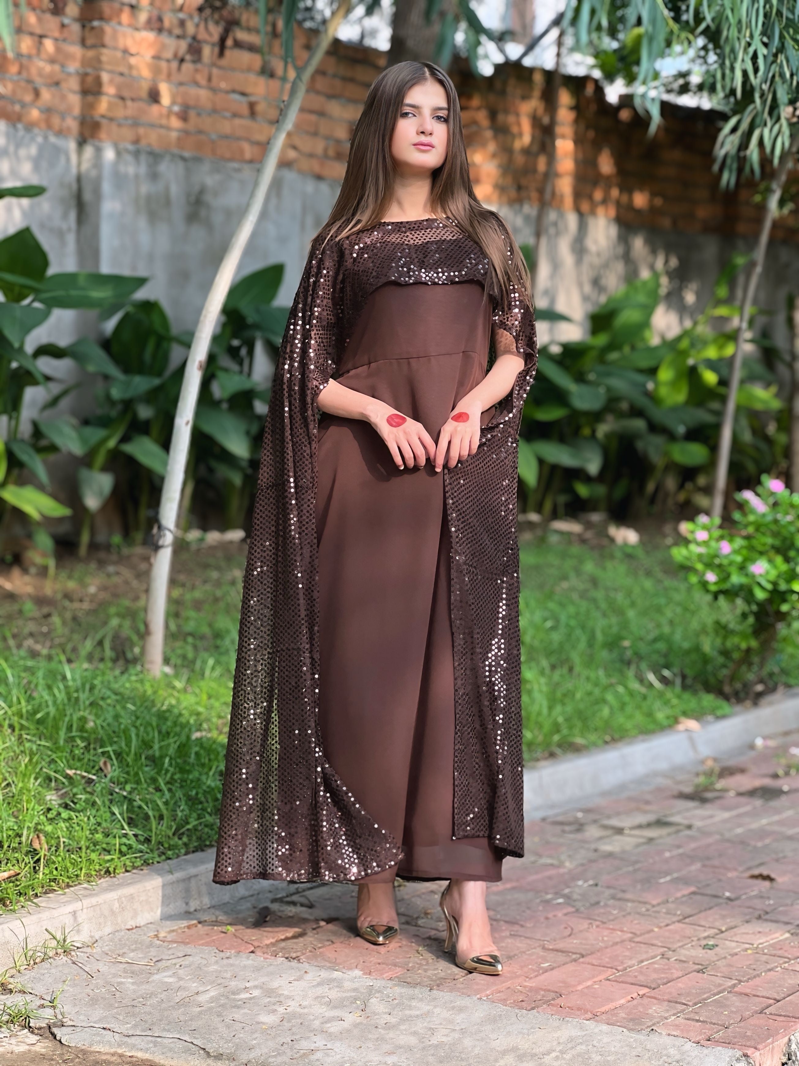 BROWN SEQUINS CAPE SHAWL DRESS