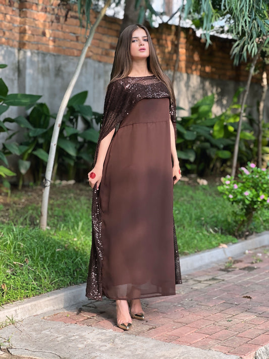 BROWN SEQUINS CAPE SHAWL DRESS
