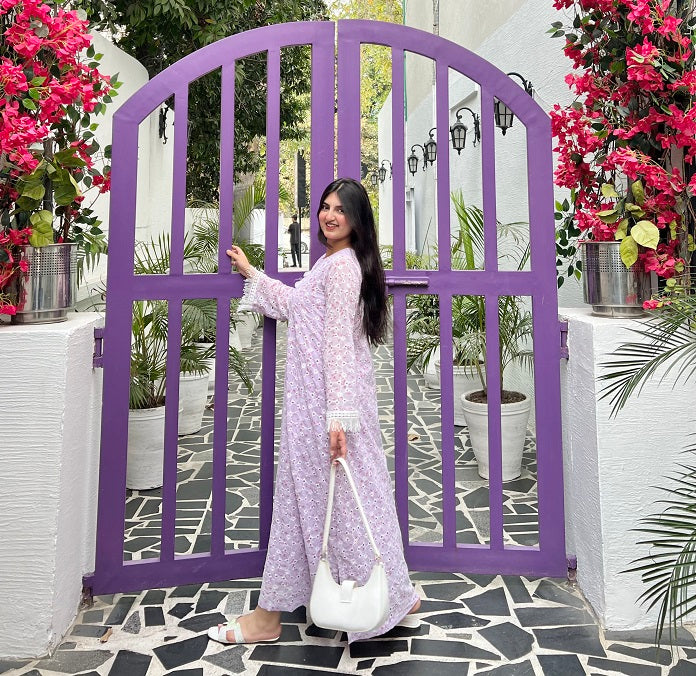 LILAC CHIKANKARI KAFTAN DRESS