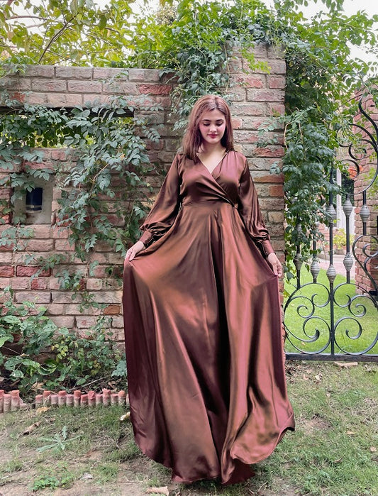 BROWN SILK VNECK KNOT MAXI