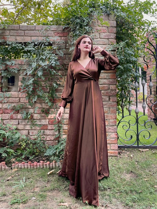 BROWN SILK VNECK KNOT MAXI