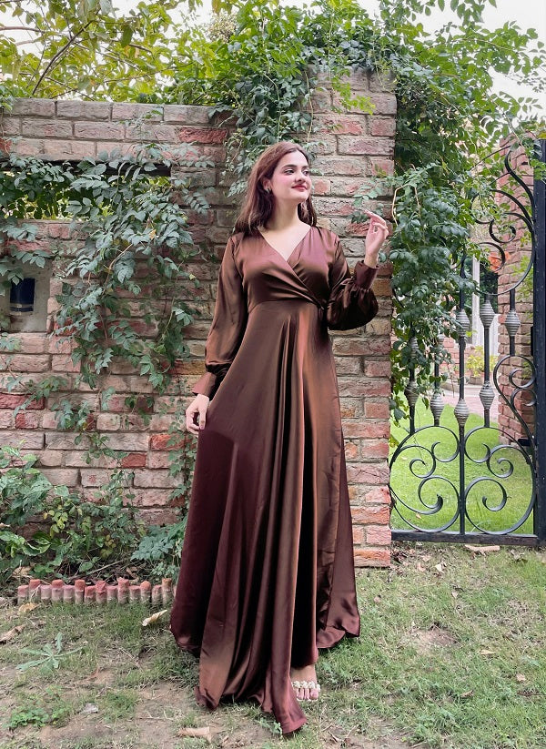 BROWN SILK VNECK KNOT MAXI