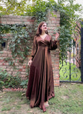 BROWN SILK VNECK KNOT MAXI