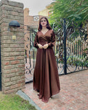 BROWN SILK VNECK KNOT MAXI