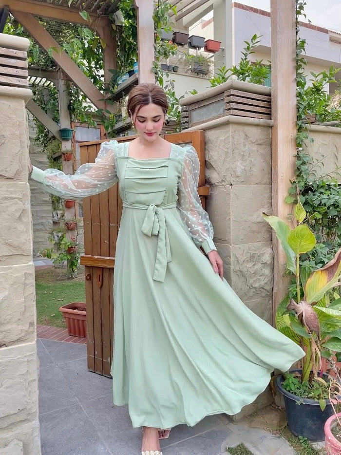 PLEATED DOTS PASTEL GREEN DRESS