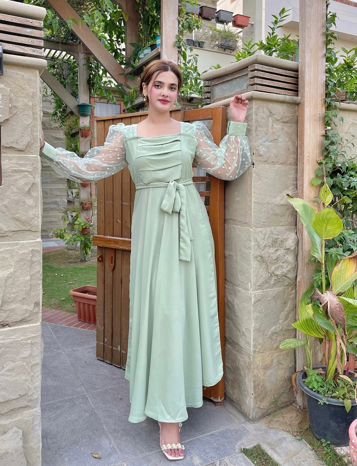 PLEATED DOTS PASTEL GREEN DRESS