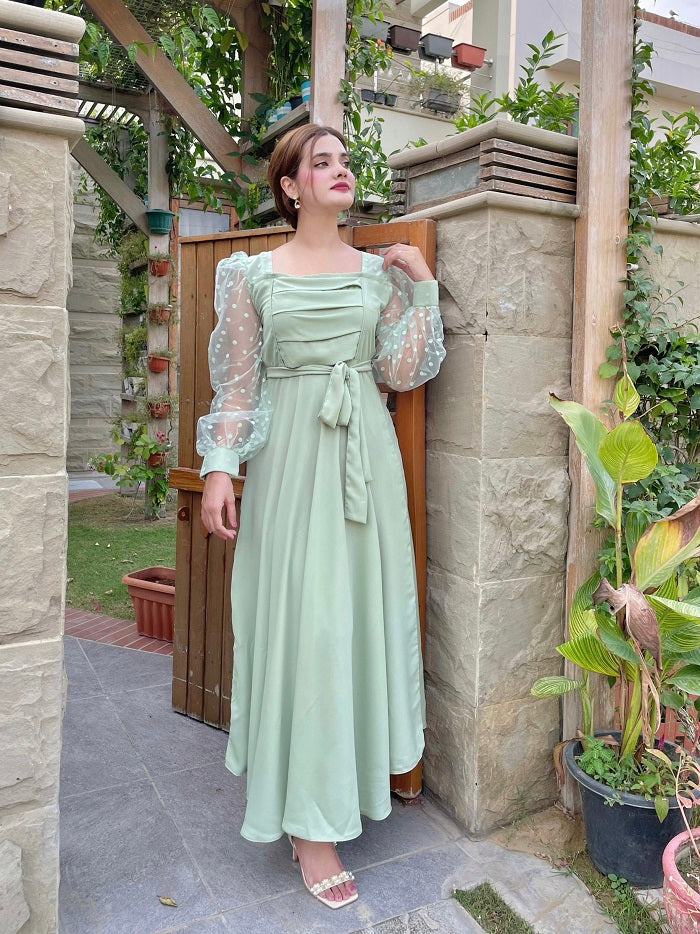 PLEATED DOTS PASTEL GREEN DRESS