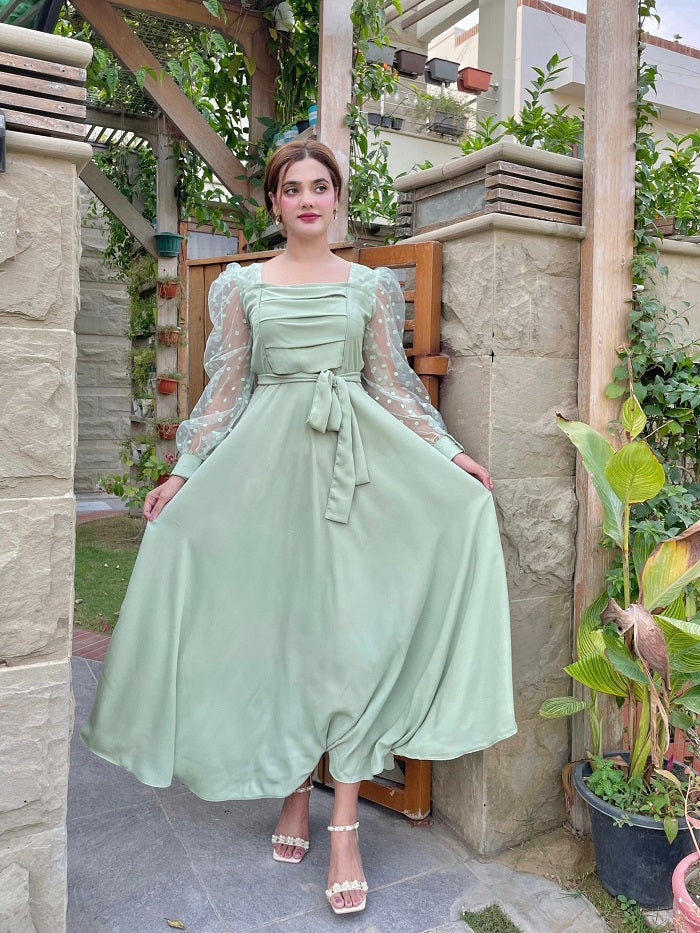 PLEATED DOTS PASTEL GREEN DRESS
