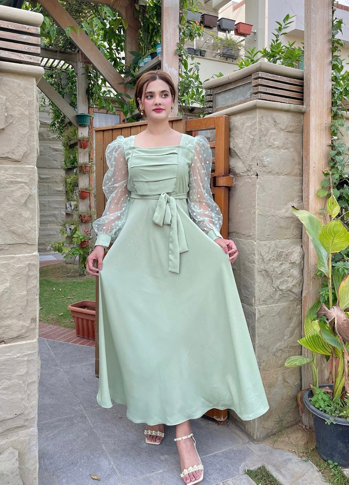 PLEATED DOTS PASTEL GREEN DRESS