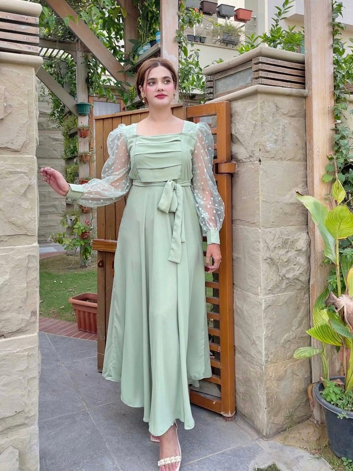 PLEATED DOTS PASTEL GREEN DRESS