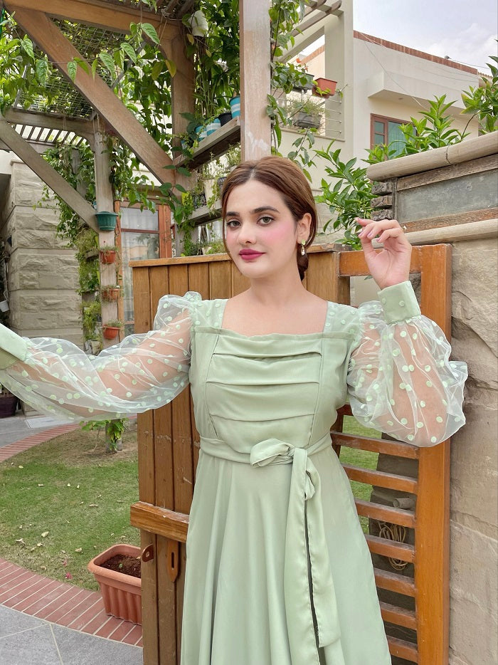 PLEATED DOTS PASTEL GREEN DRESS