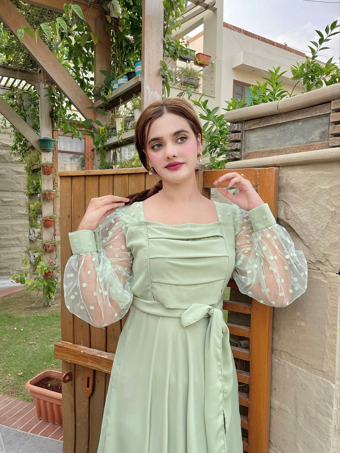 PLEATED DOTS PASTEL GREEN DRESS