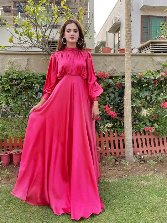 PINK PLEATED SILK LONG MAXI