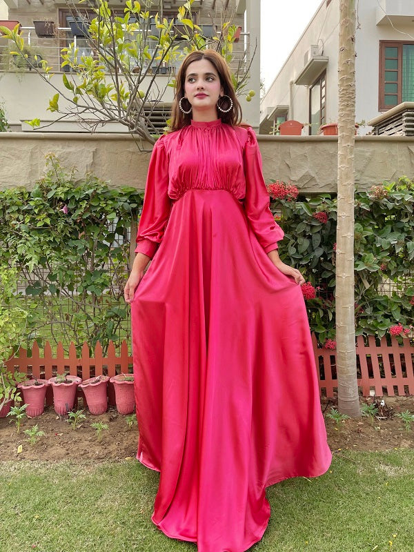 PINK PLEATED SILK LONG MAXI