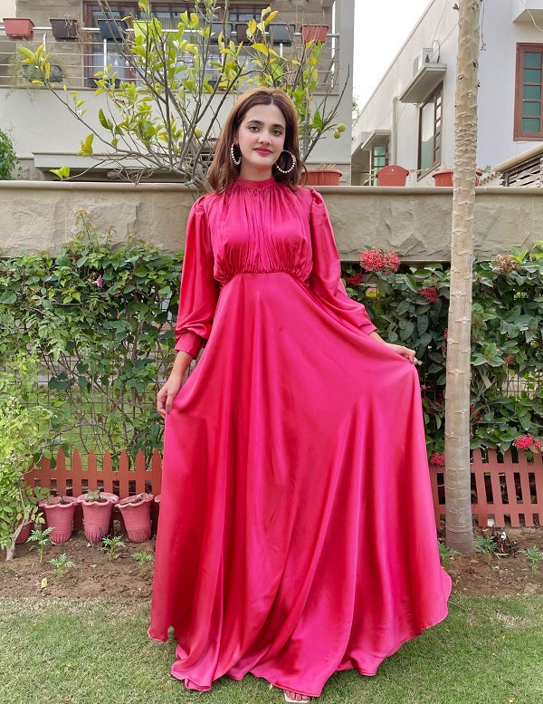 PINK PLEATED SILK LONG MAXI