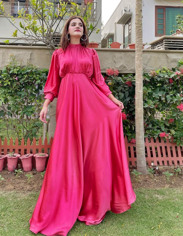 PINK PLEATED SILK LONG MAXI