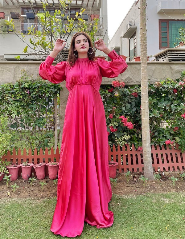 PINK PLEATED SILK LONG MAXI