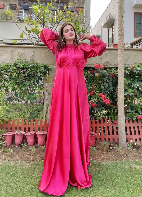 PINK PLEATED SILK LONG MAXI