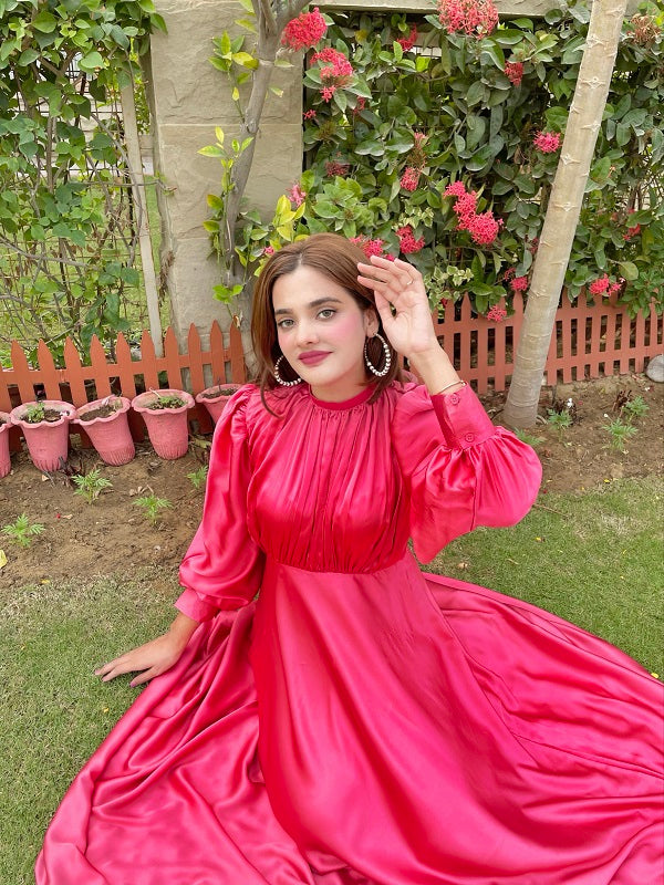 PINK PLEATED SILK LONG MAXI