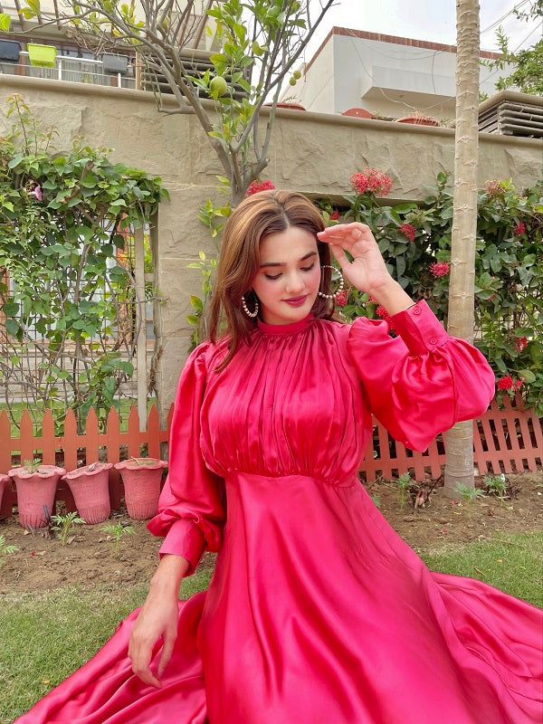 PINK PLEATED SILK LONG MAXI