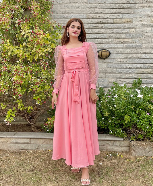 PINK PLEATED DOTS DRESS