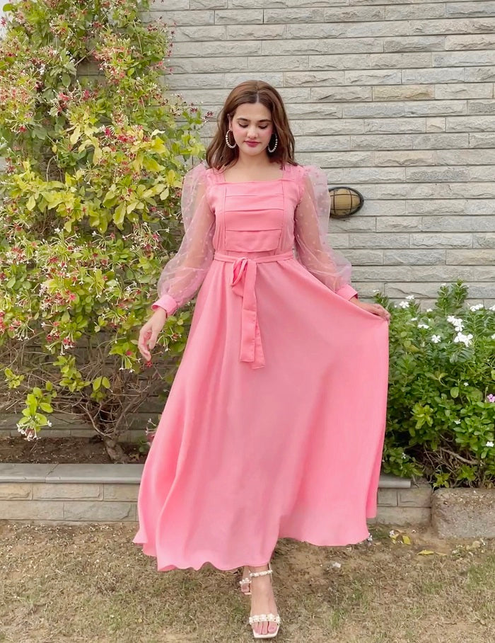 PINK PLEATED DOTS DRESS