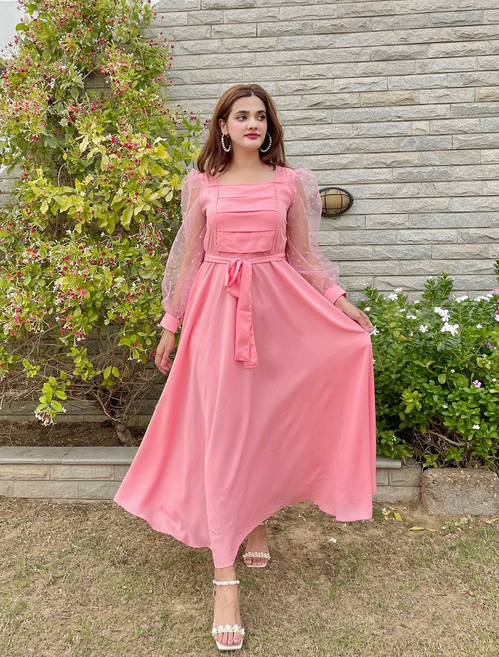 PINK PLEATED DOTS DRESS