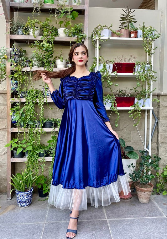 BLUE RUCHED VELVET DRESS
