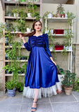 BLUE RUCHED VELVET DRESS
