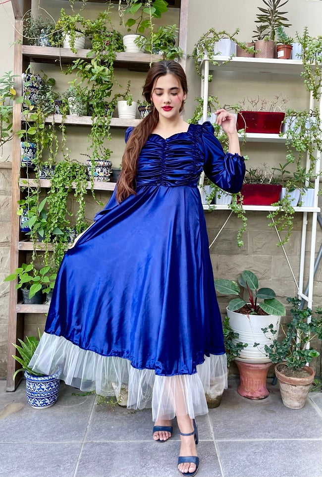 BLUE RUCHED VELVET DRESS