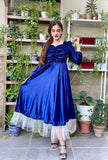 BLUE RUCHED VELVET DRESS