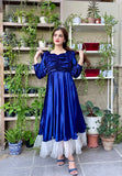 BLUE RUCHED VELVET DRESS