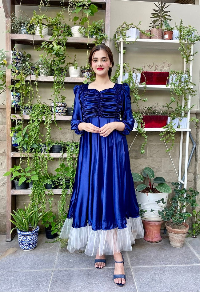 BLUE RUCHED VELVET DRESS