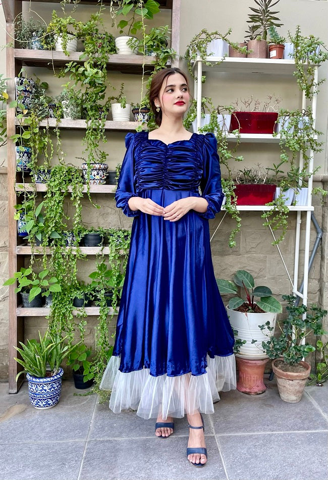 BLUE RUCHED VELVET DRESS
