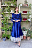 BLUE RUCHED VELVET DRESS