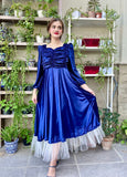 BLUE RUCHED VELVET DRESS