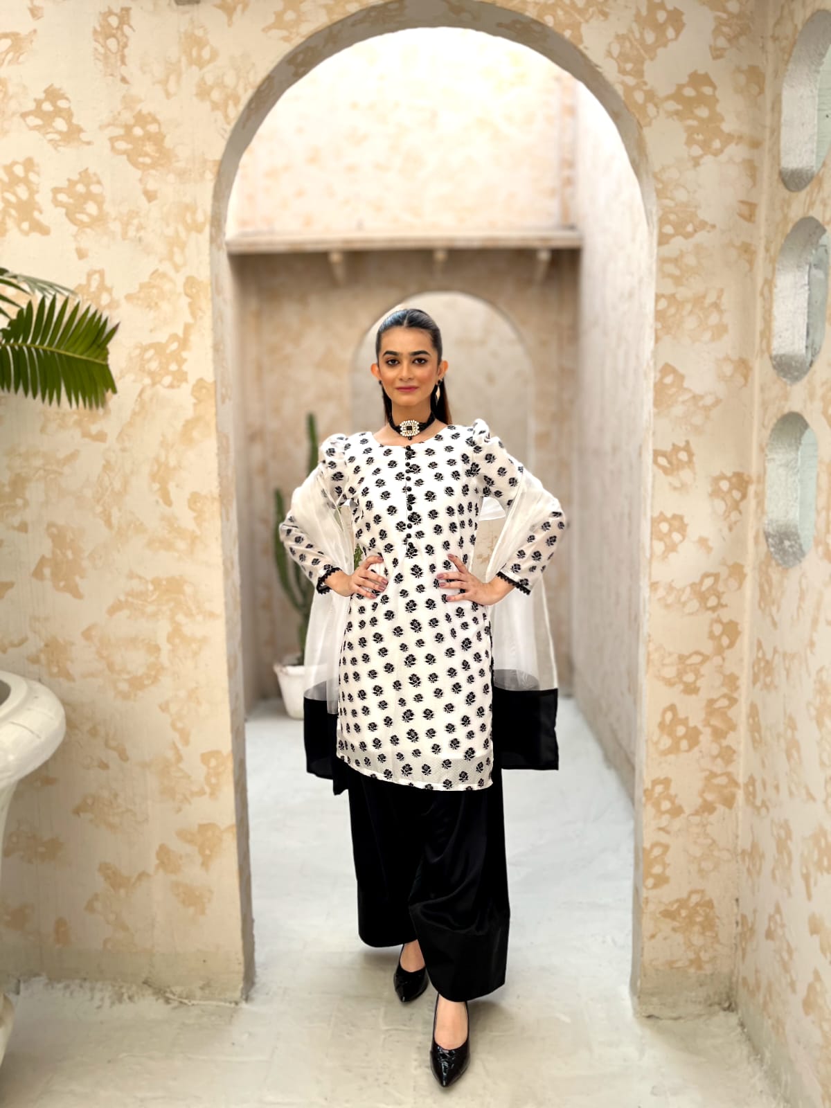 EMBROIDERED CHIC WHITE & BLACK DRESS