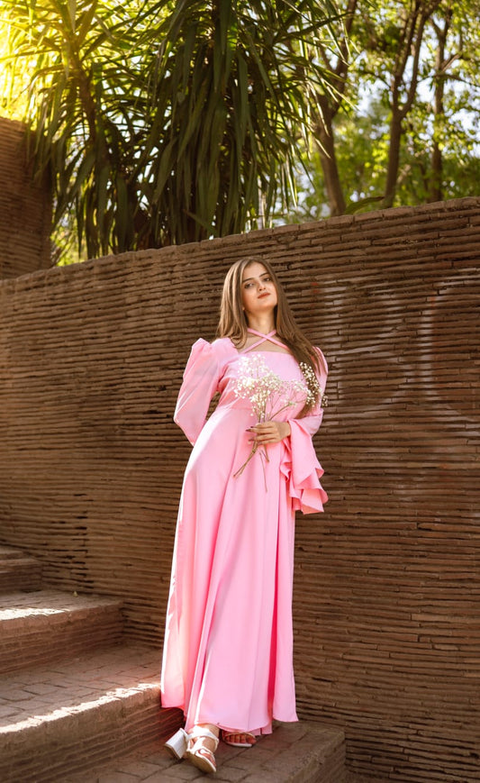 Pink Evening Gown With Ruffled Puff Sleeves