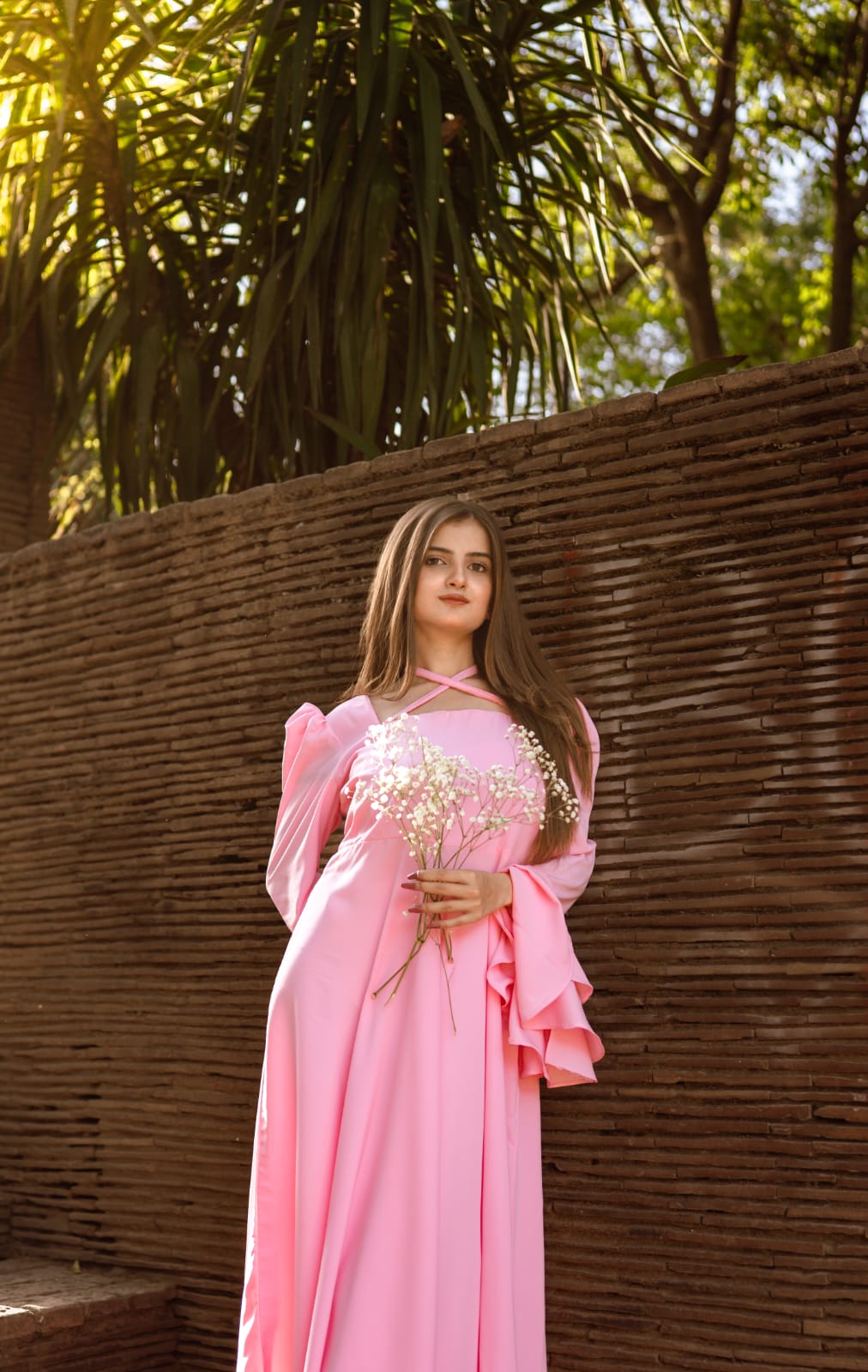 Pink Evening Gown With Ruffled Puff Sleeves