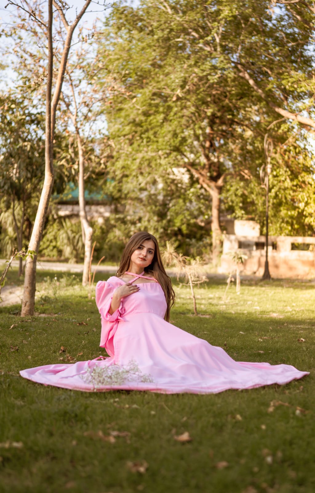 Pink Evening Gown With Ruffled Puff Sleeves