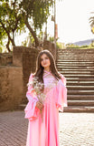 Pink Evening Gown With Ruffled Puff Sleeves
