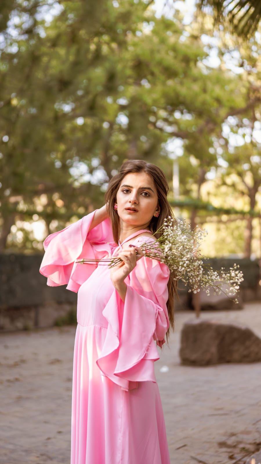 Pink Evening Gown With Ruffled Puff Sleeves