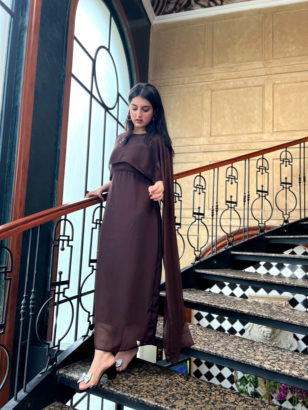 CAPE SHAWL CHIFFON DRESS