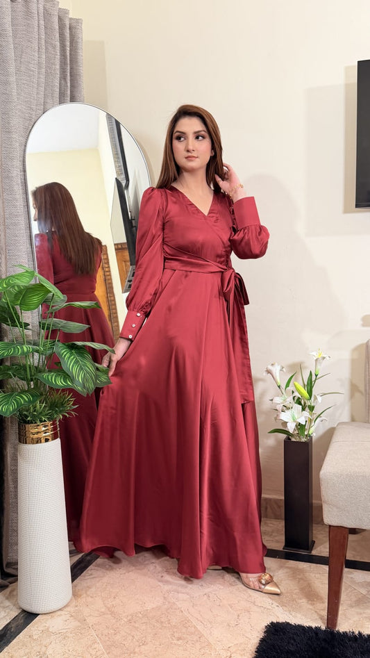 MAROON SILK VNECK KNOT LONG MAXI