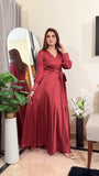 MAROON SILK VNECK KNOT LONG MAXI
