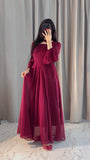 MAROON CHIFFON EVENING GOWN WITH RUFFLED PUFF SLEEVES