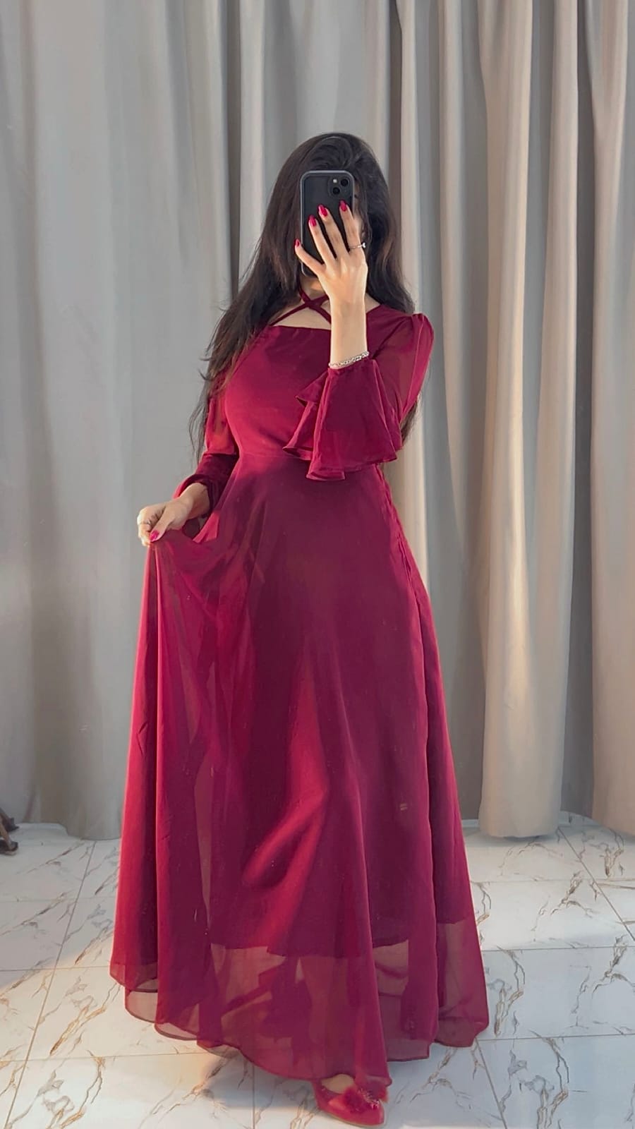 MAROON CHIFFON EVENING GOWN WITH RUFFLED PUFF SLEEVES